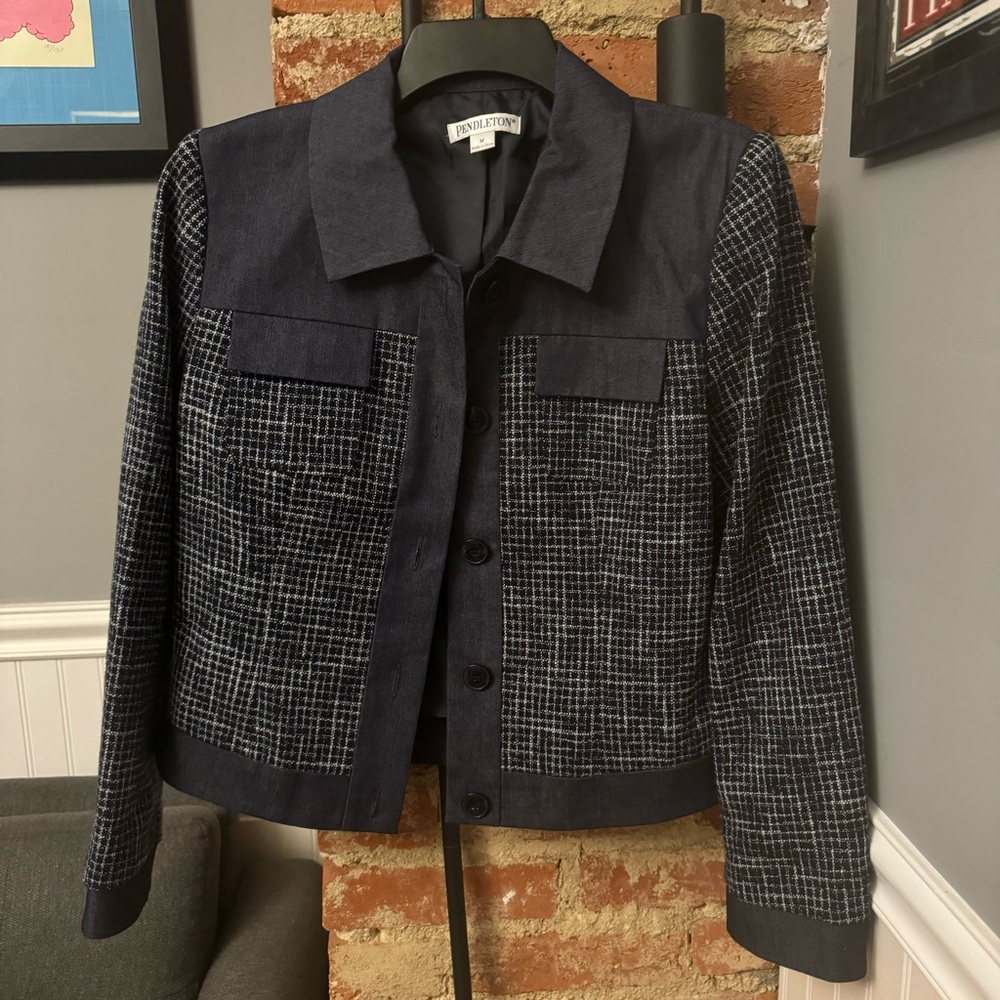 Pendleton Jacket Women Vintage Wool Blend Crop Boxy Check Office Size Medium